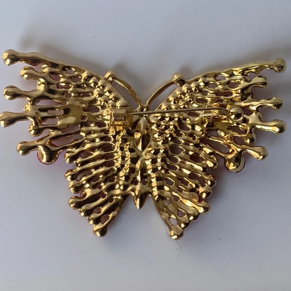 Large Sparkling Fuchsia & Red Crystal Butterfly Brooch Pin Gold Tone Gift Bag